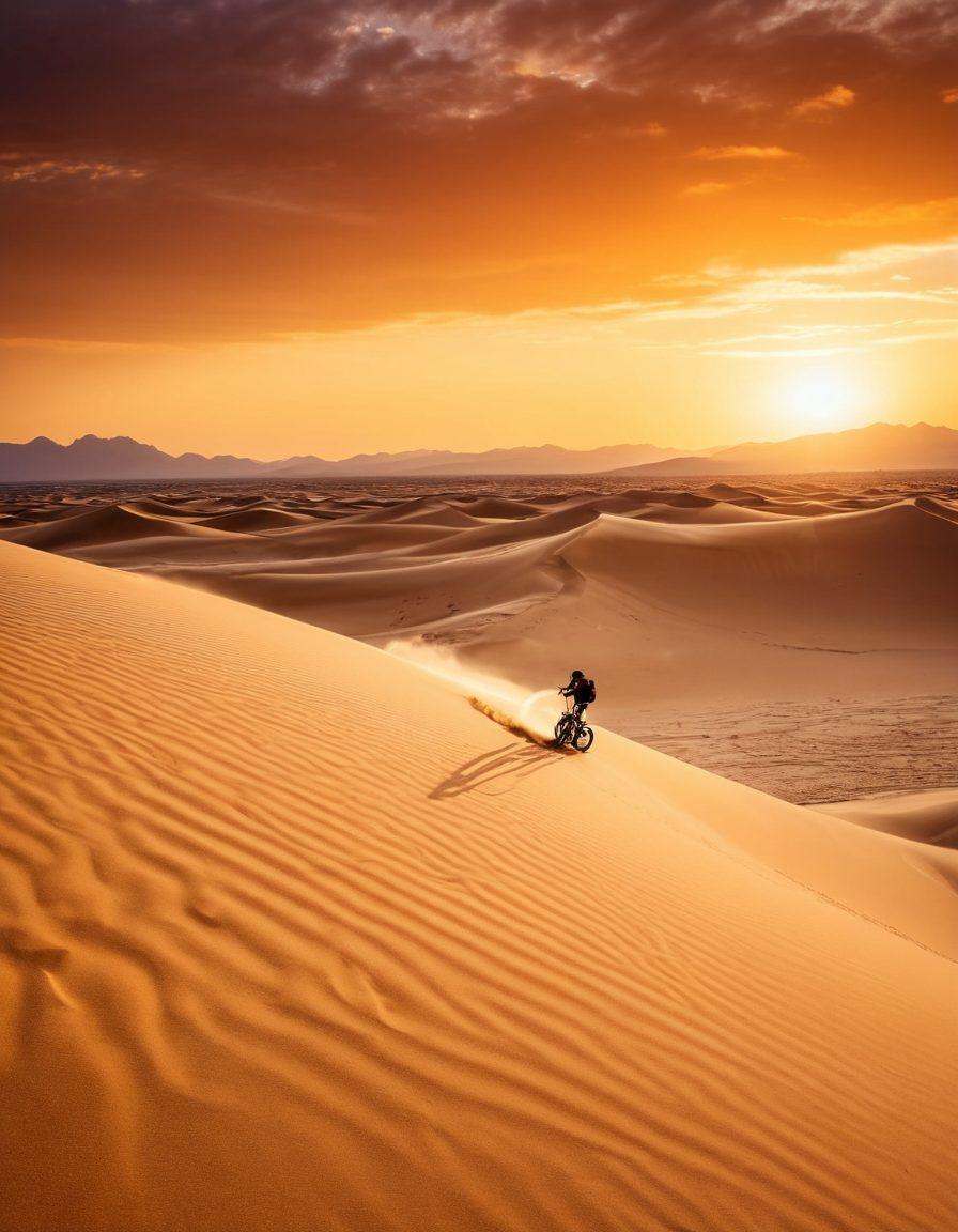 A thrilling scene of diverse extreme sports in a vast desert landscape: a group of adventurers sandboarding down a massive dune, a person paragliding above the golden sands, and another cyclist racing on a rugged trail. The setting sun casts a warm glow, highlighting the energy and excitement of the activities. Incorporate vibrant colors and dynamic poses to capture the adrenaline-fueled atmosphere. super-realistic. vibrant colors. desert sunset.