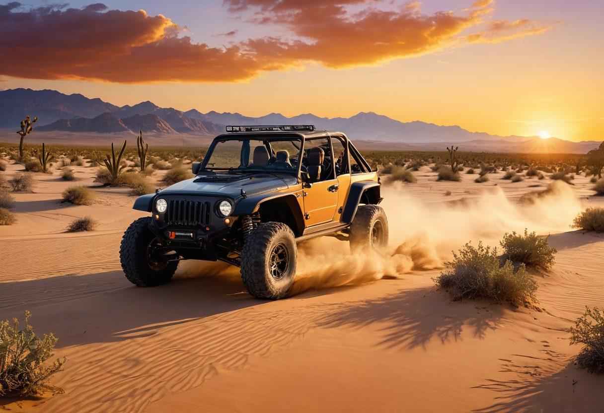 A thrilling depiction of an off-road vehicle navigating through a vast desert landscape, showcasing dunes and rocky terrain. Include a group of adventurous people engaging in activities like sandboarding and dirt biking, with vibrant sunset colors illuminating the scene. Wild desert flora like cacti and hardy shrubs should be visible, conveying the essence of nature's beauty amidst adrenaline. Capture a sense of freedom and exploration. super-realistic. vibrant colors. 3D.