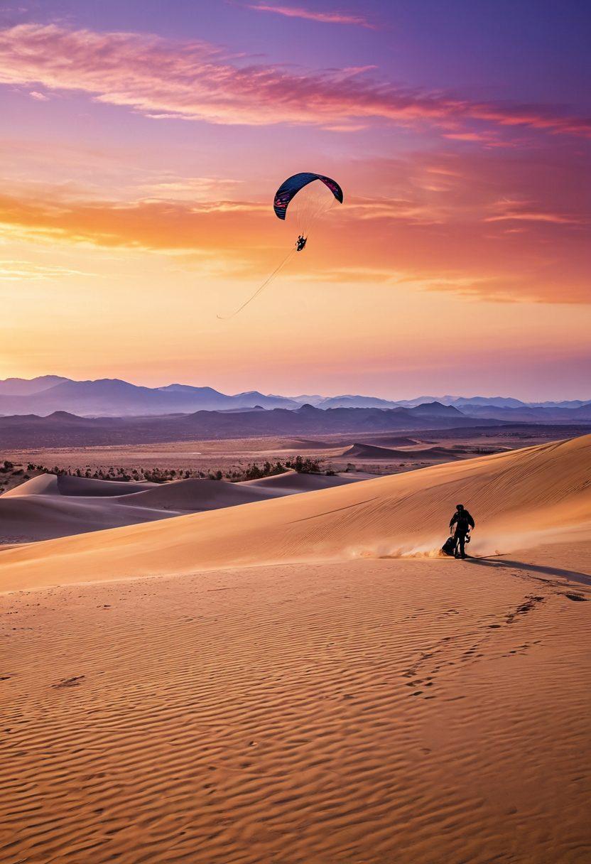A breathtaking desert landscape at sunset with a silhouette of a person kite surfing over golden sand dunes, an ATV racing nearby, and a group of friends enjoying sandboarding in the distance. The sky is a brilliant mix of orange, pink, and purple hues, evoking a sense of adventure and freedom. The scene is infused with vibrant colors, capturing the thrill of desert sports against stunning natural beauty. super-realistic. vibrant colors.